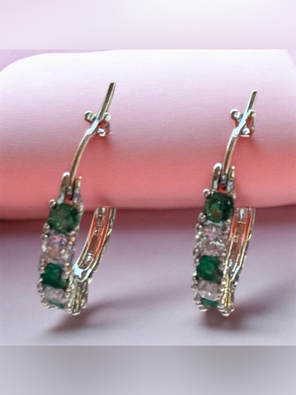 Emerald and Clear Stone Silver Hoop Earrings